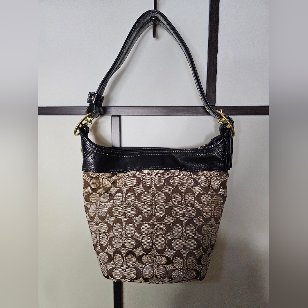 Authentic Coach Sig C Jacquard & Leather Handbag Bucket Bag